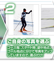 2ご自身の写真を選ぶ（コース毎、スタート時、途中地点、 ゴール地点に分けて写真をアップ していますので、選ぶだけ！ ）